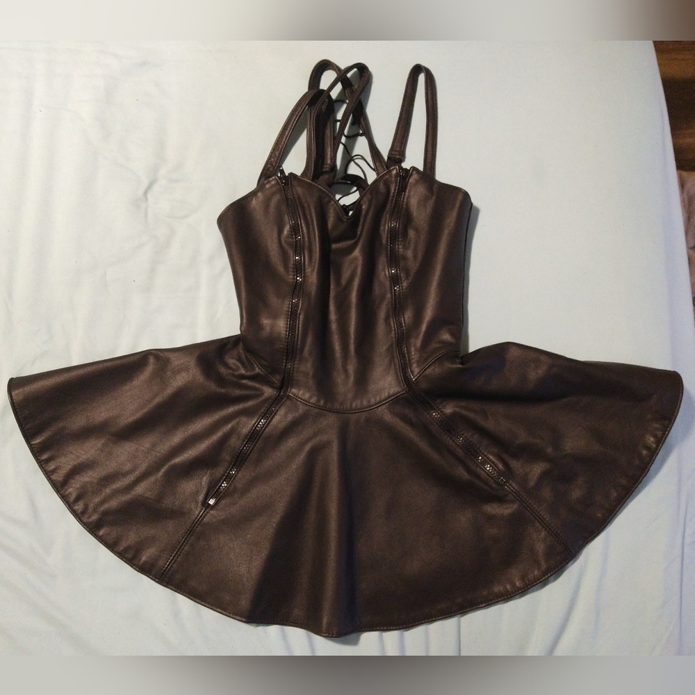 Catherine Coatney Vintage Leather Corset Back Mini Dress Small
